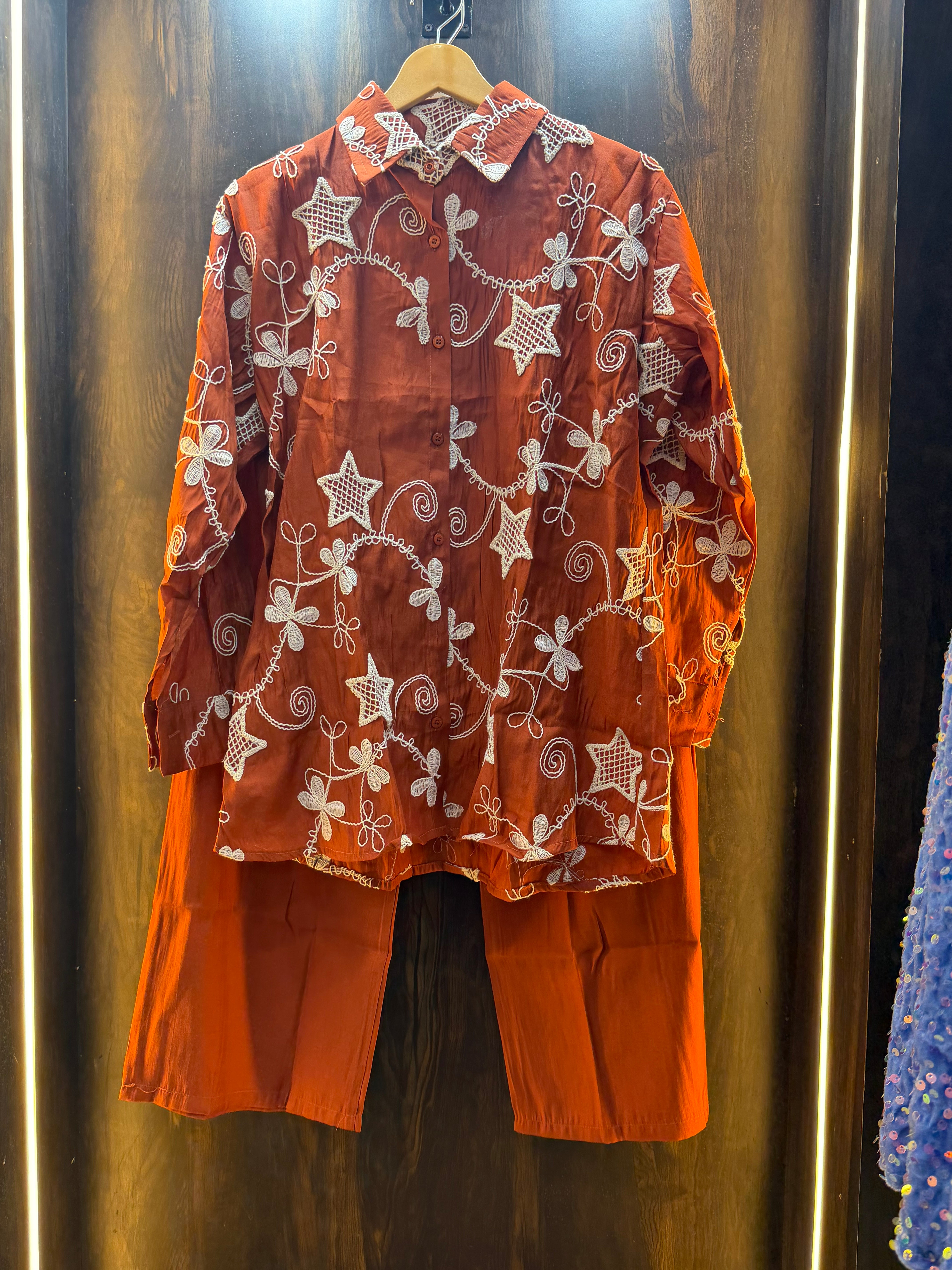Orange White Embroidery Coord