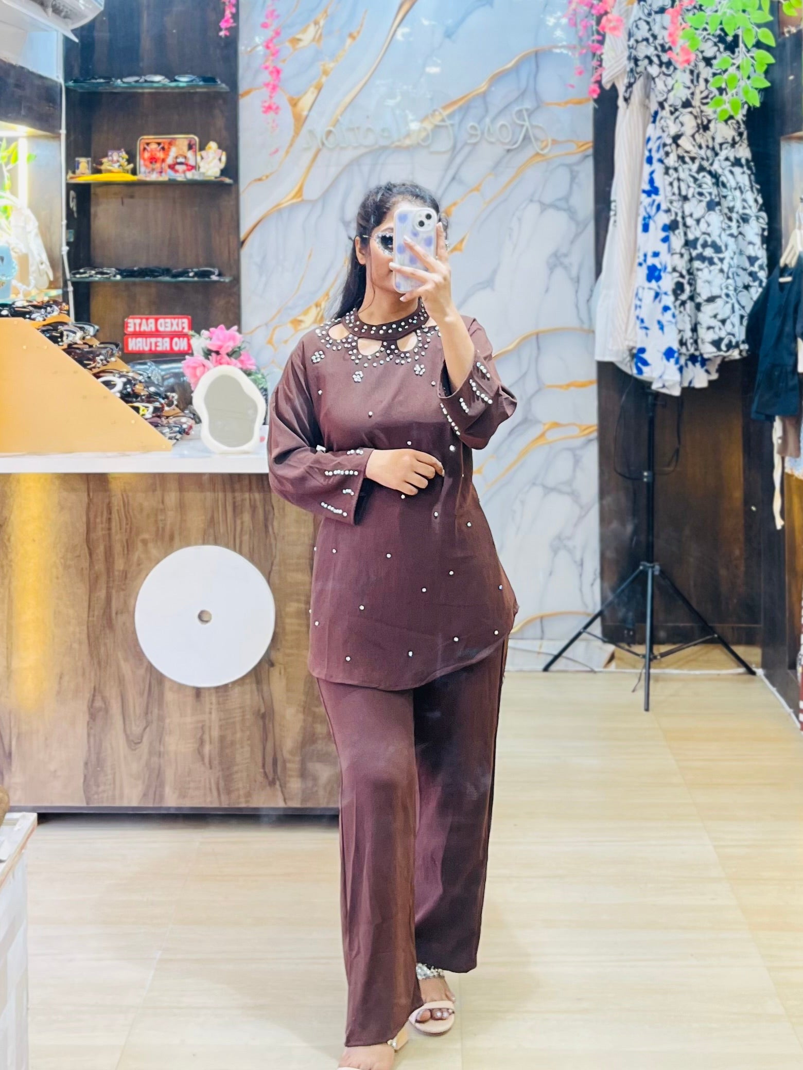 Cut Work Neck Pearl Work Co-ord Set