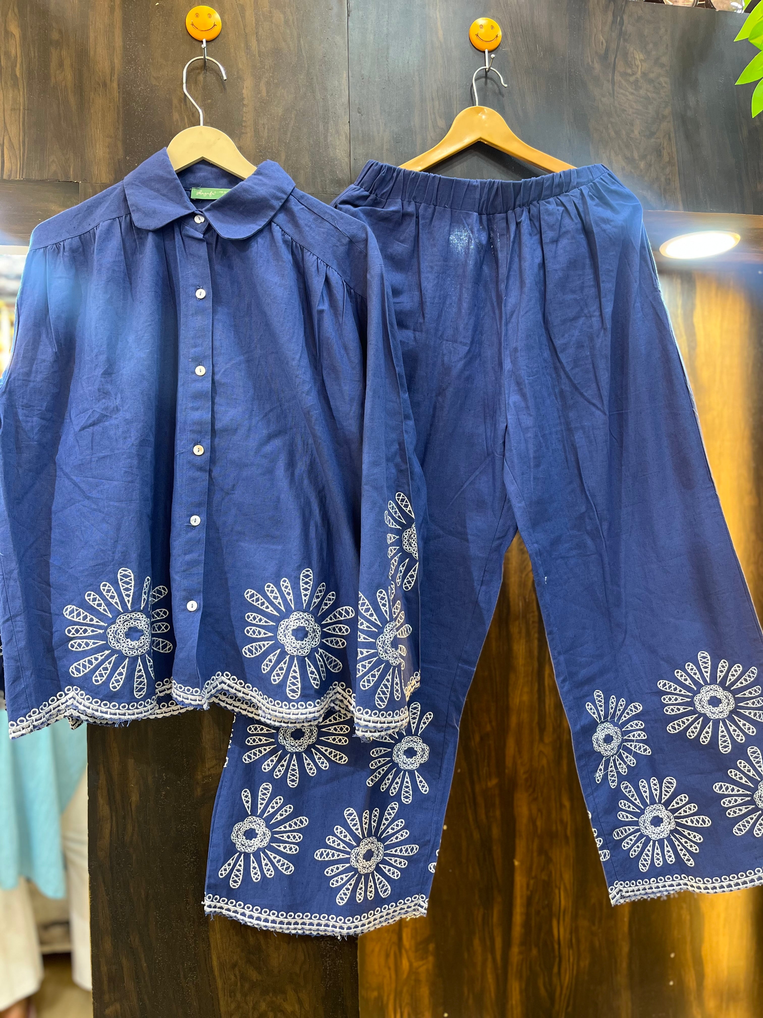 Denim Pattern White Embroidered Co-ord Set