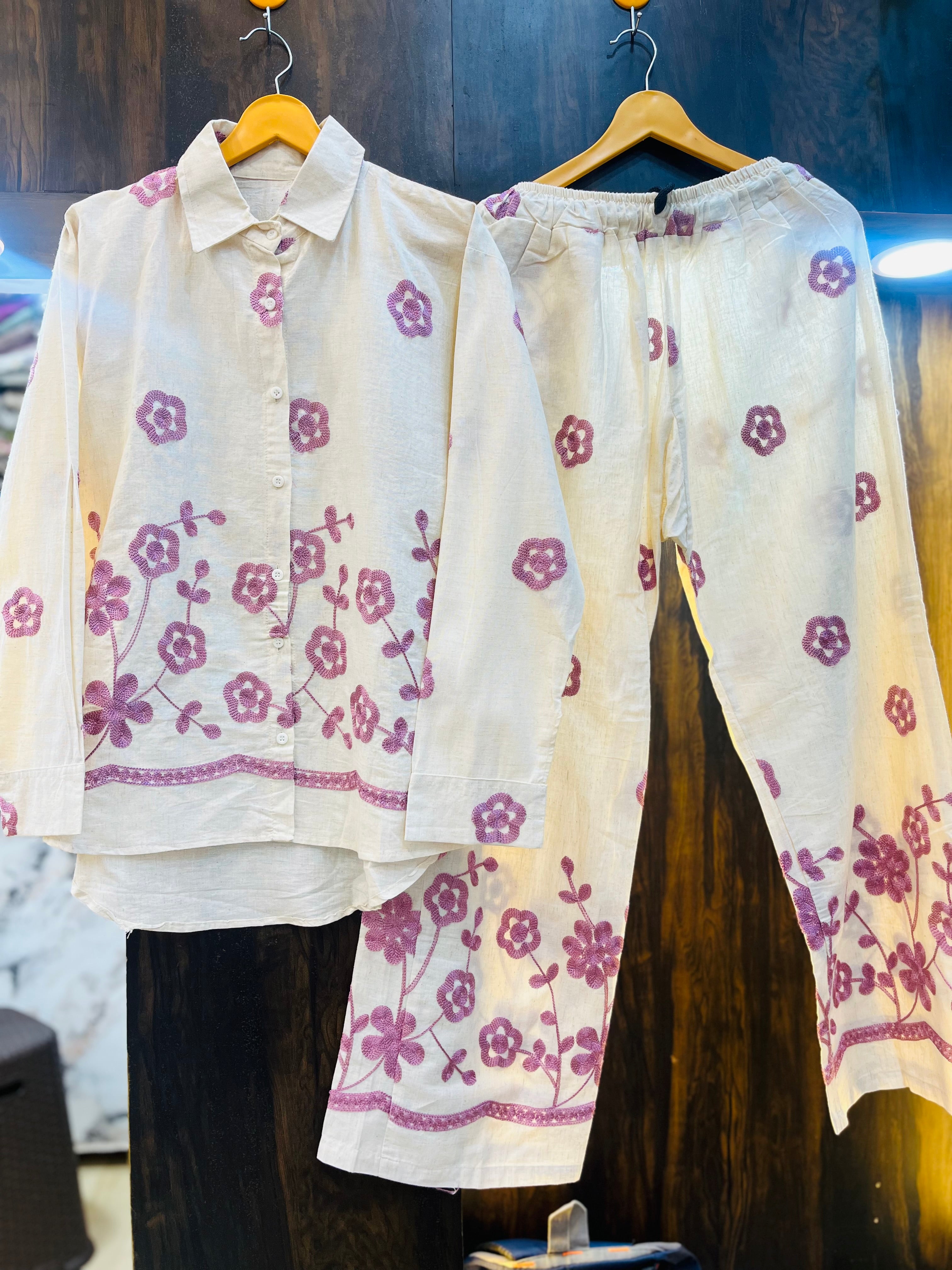 Pink Flower Embroidered Co-ord Set