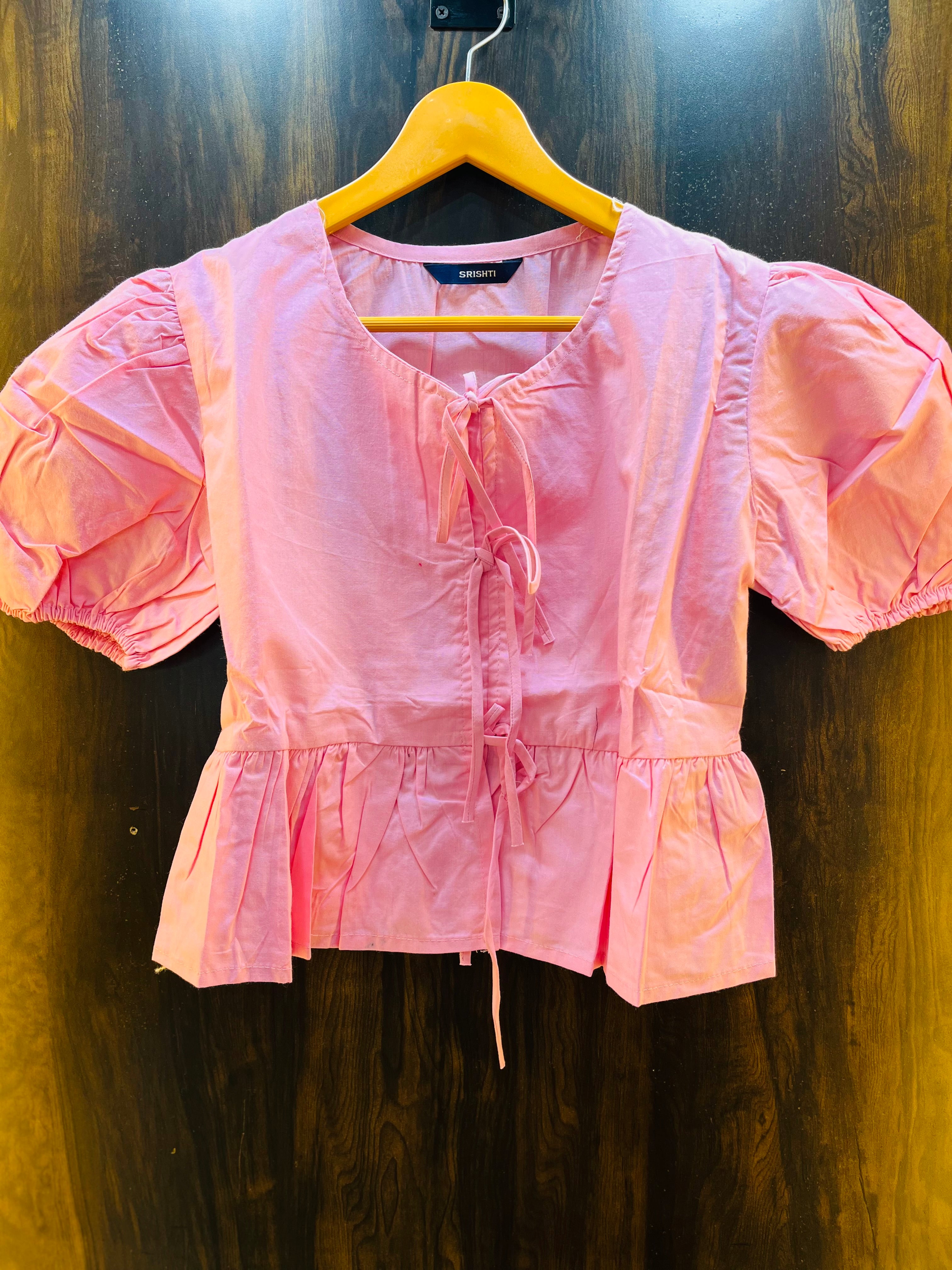 Tie-Front Peplum Top With Puff Sleeves