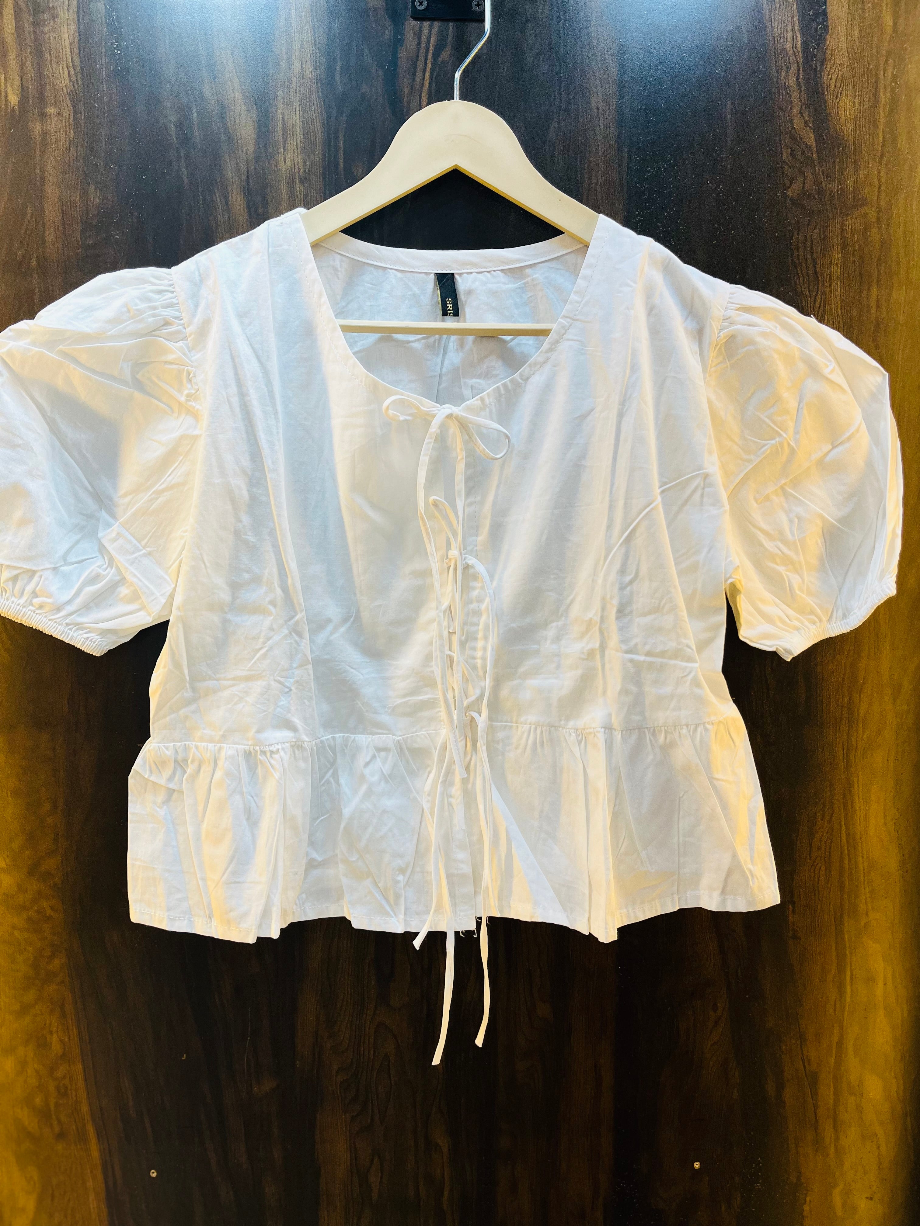 Tie-Front Peplum Top With Puff Sleeves