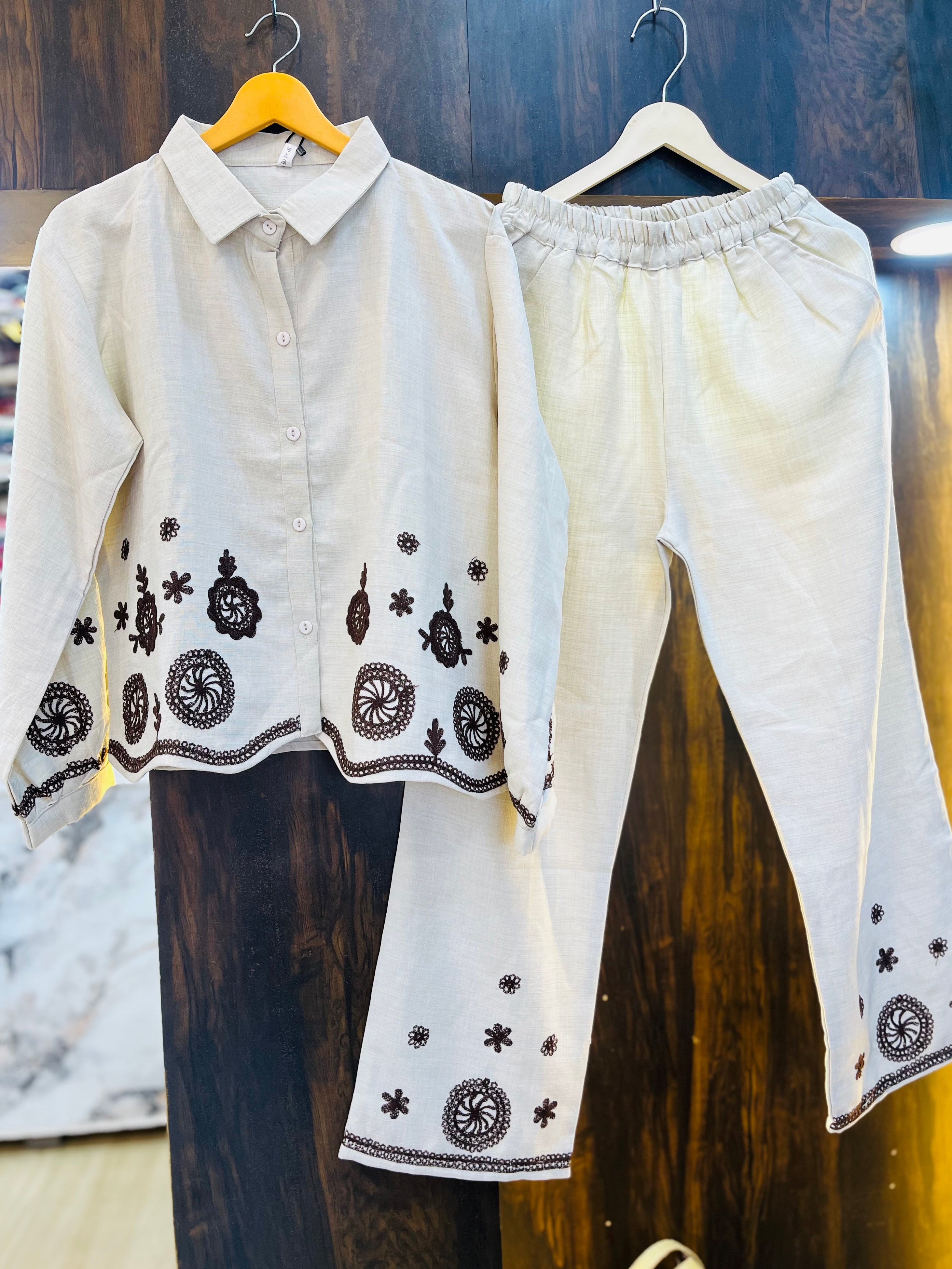 Brown Flower Embroidered Co-ord Set