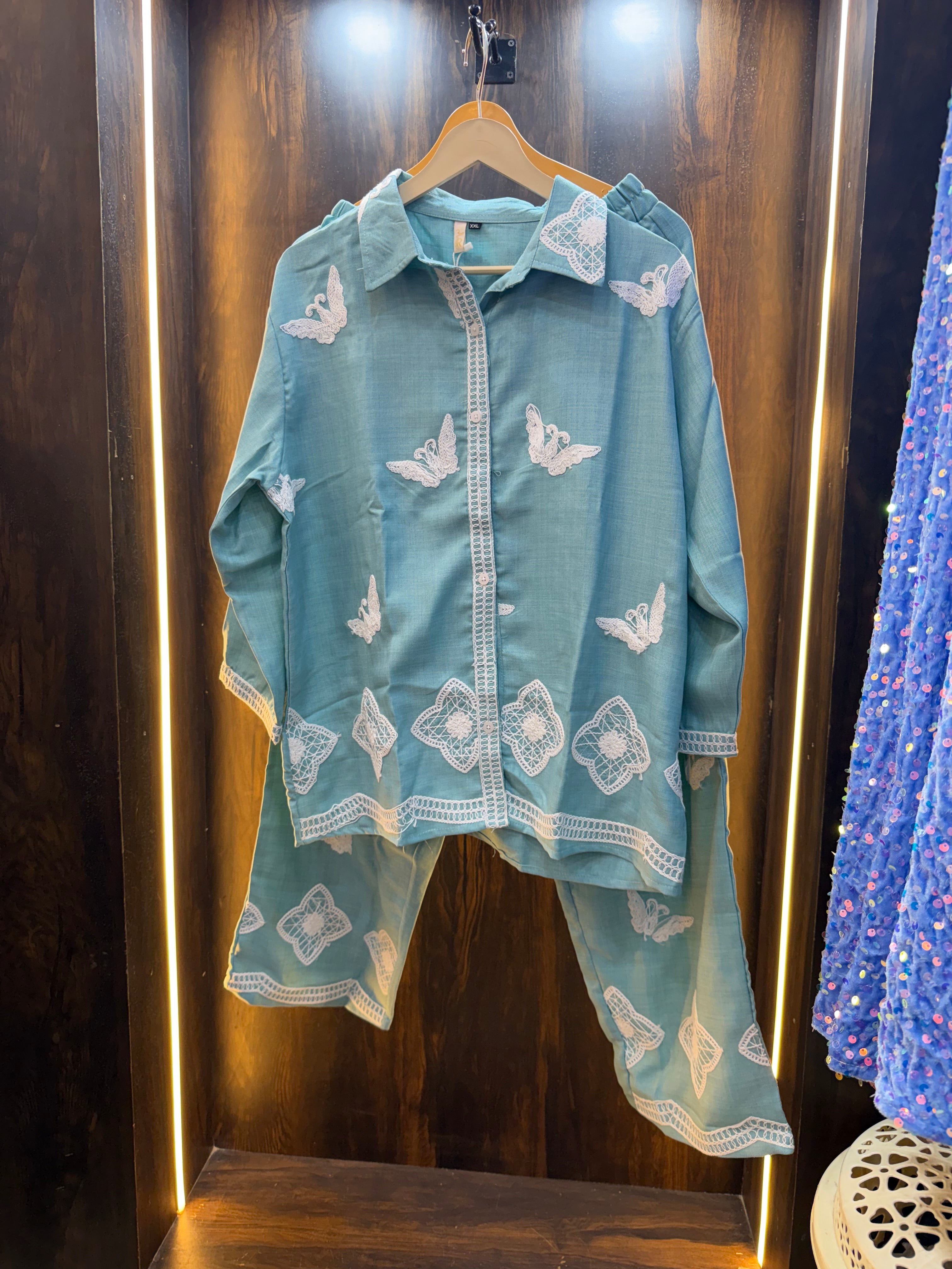 Sky Blue White Butterfly Embroidered Co-ord set