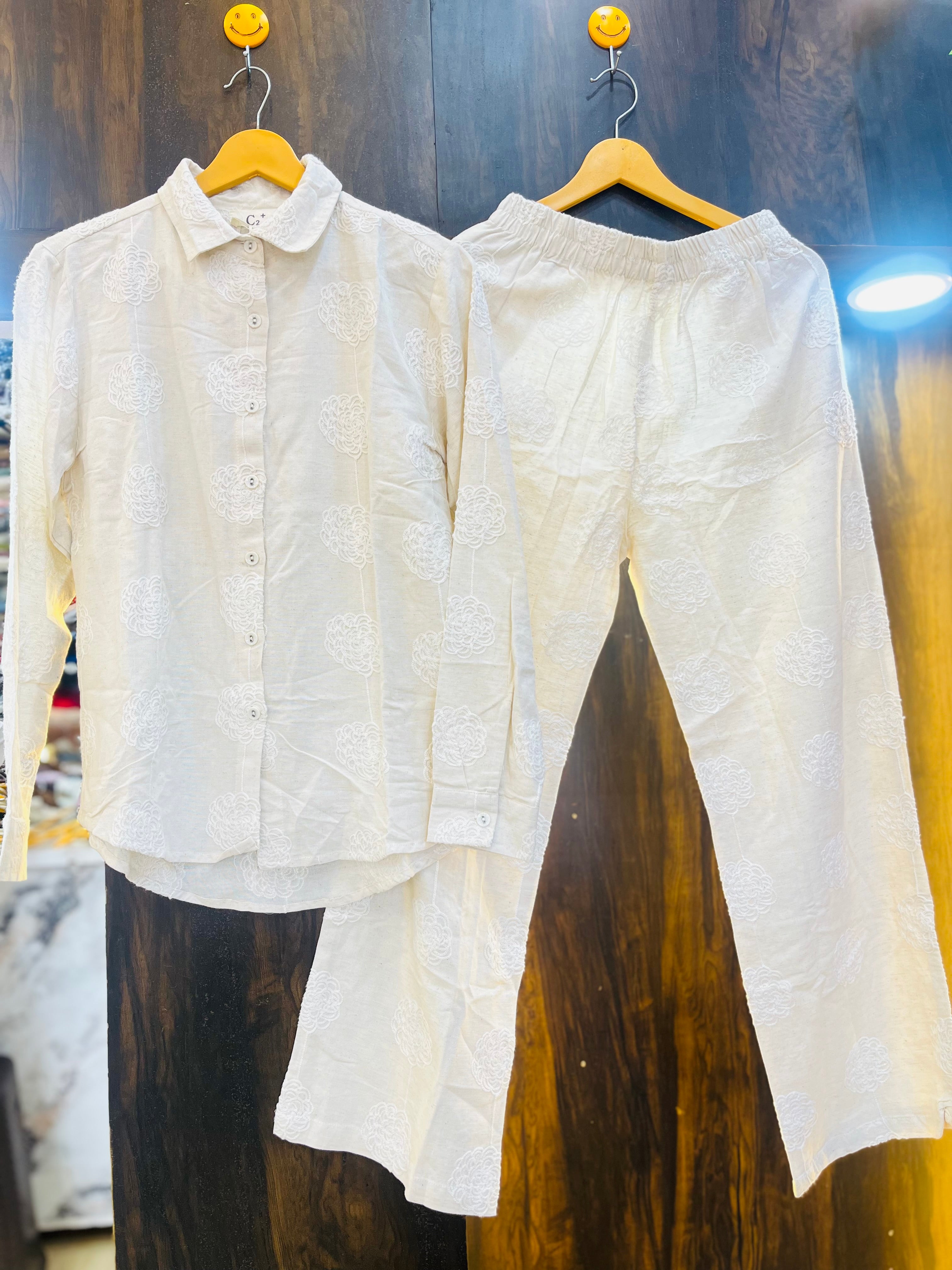 White Flower Embroidered Co-ord Set