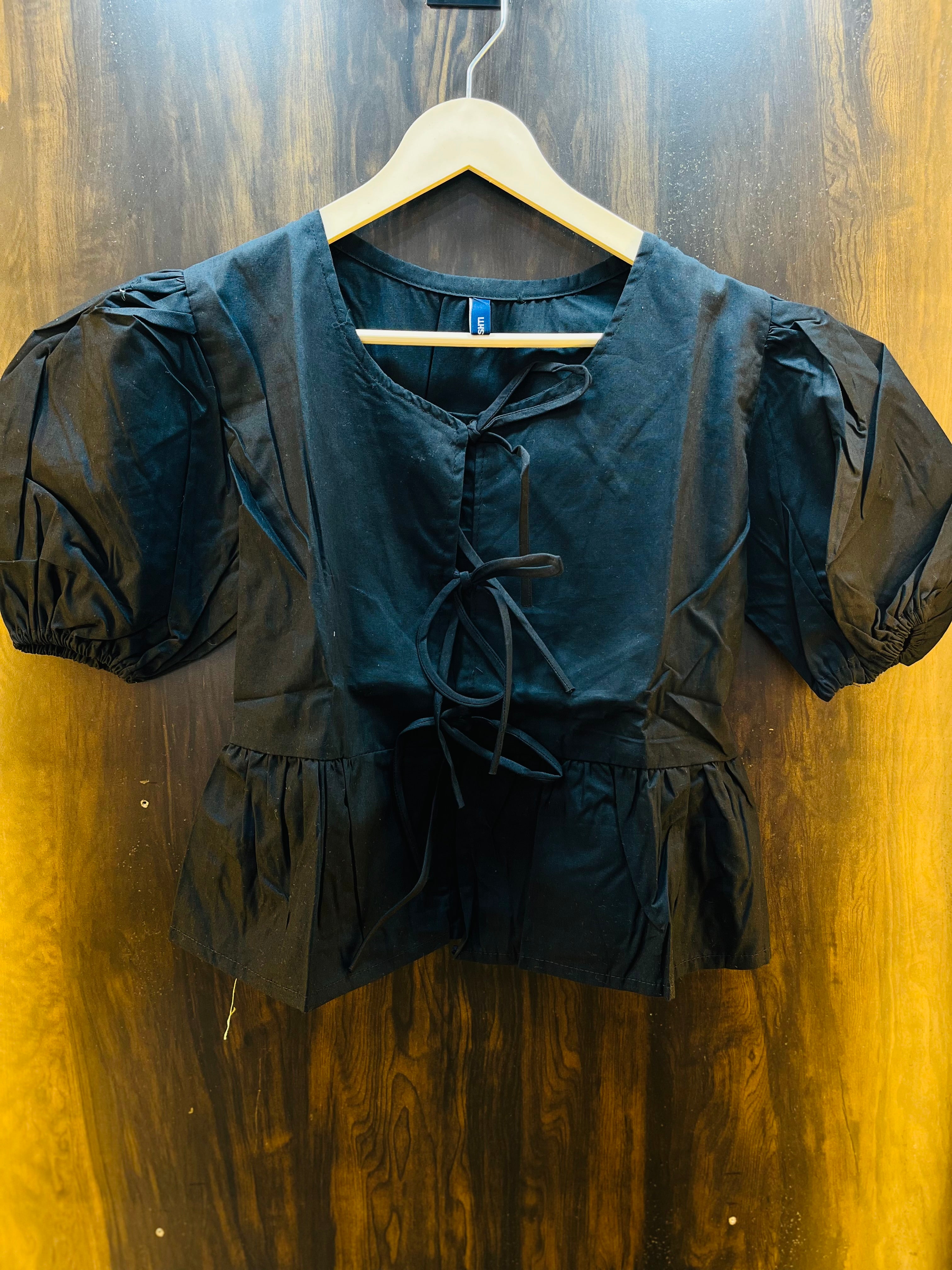 Tie-Front Peplum Top With Puff Sleeves